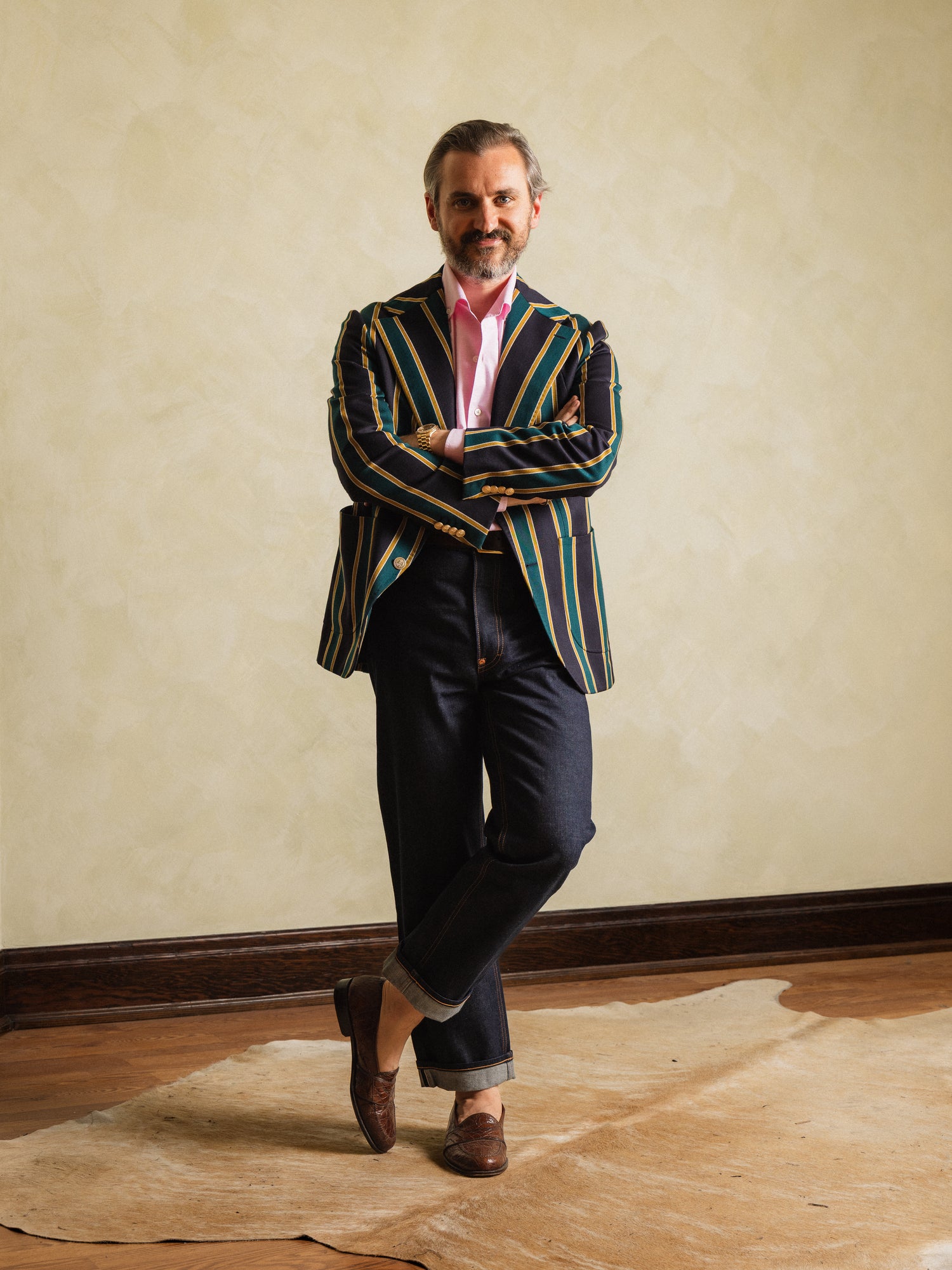 Custom Rowing Blazer in deadstock navy, gold, and green stripe