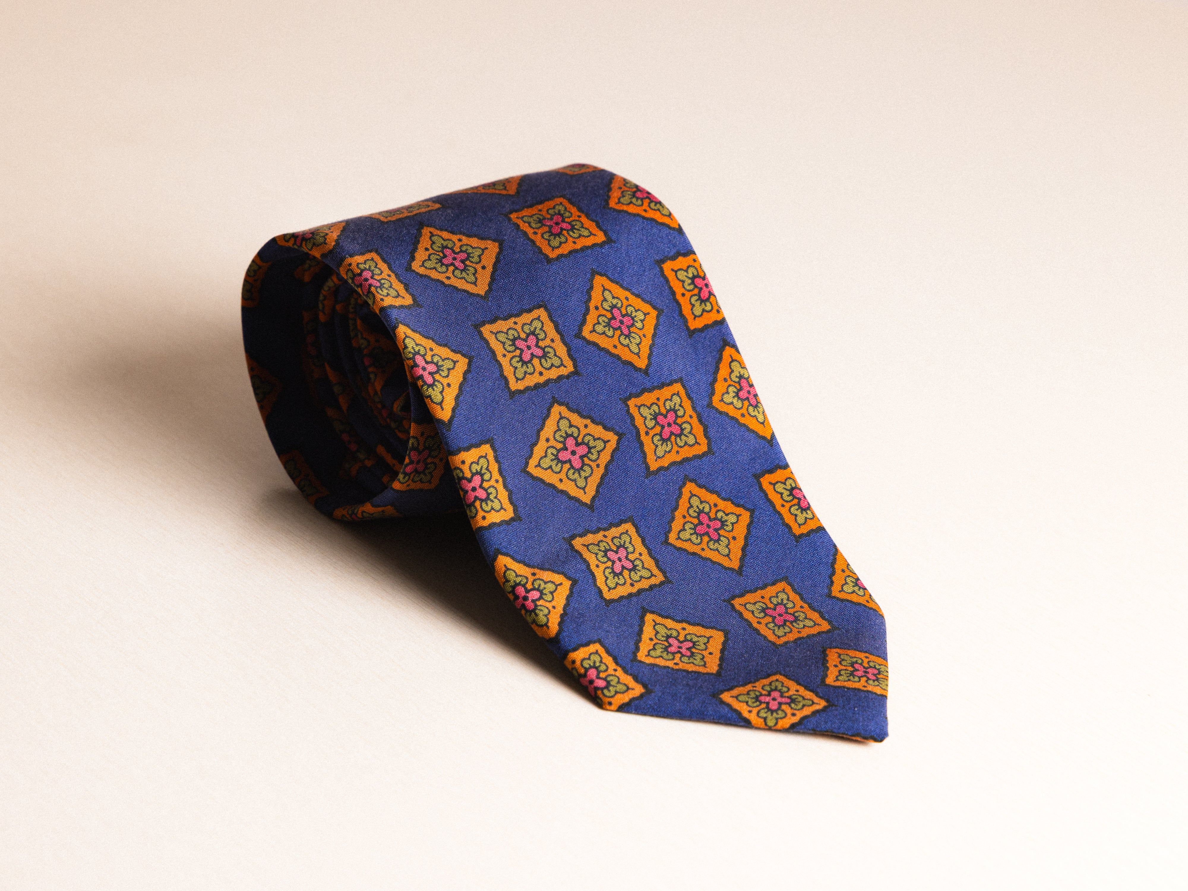 Blue with Gold Green Pink Medallion Tie