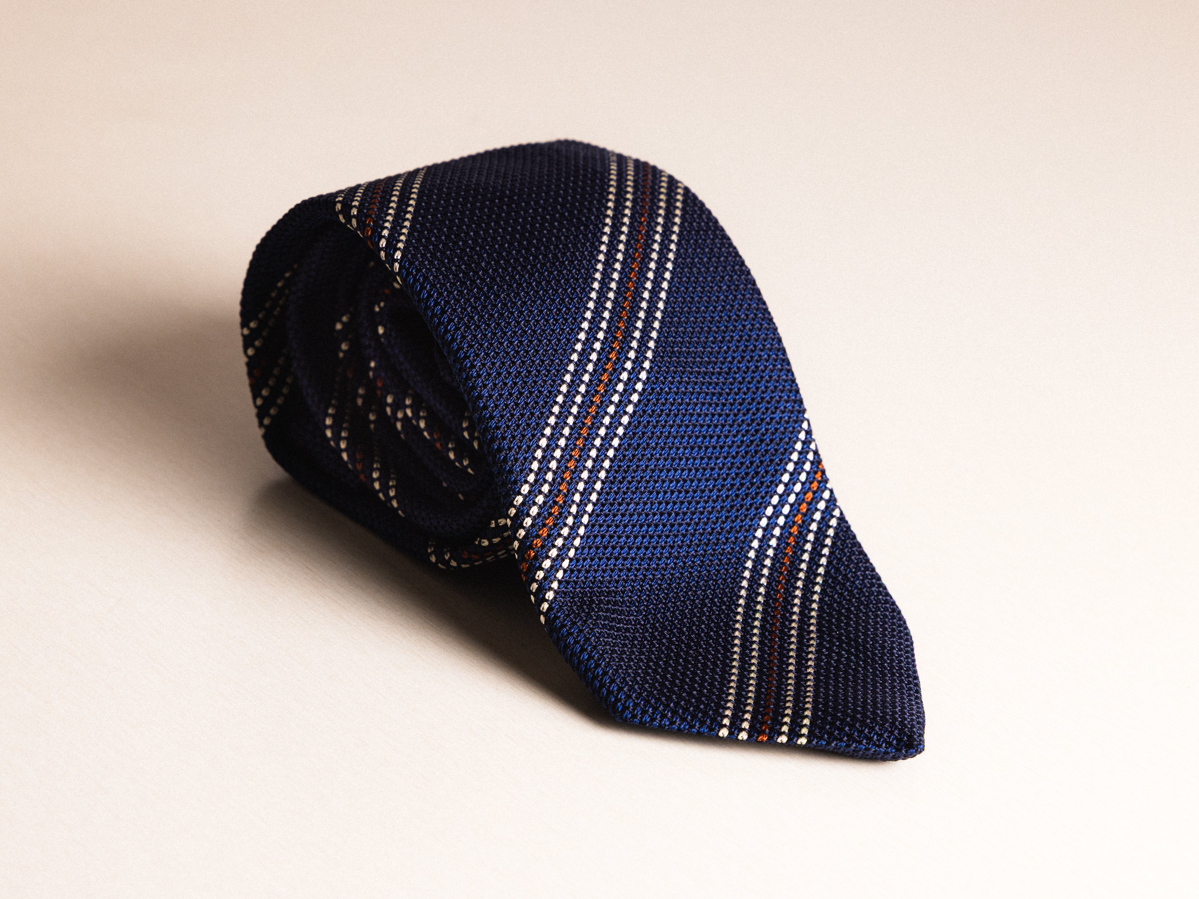 Navy White Brown Multi Stripe Silk Tie