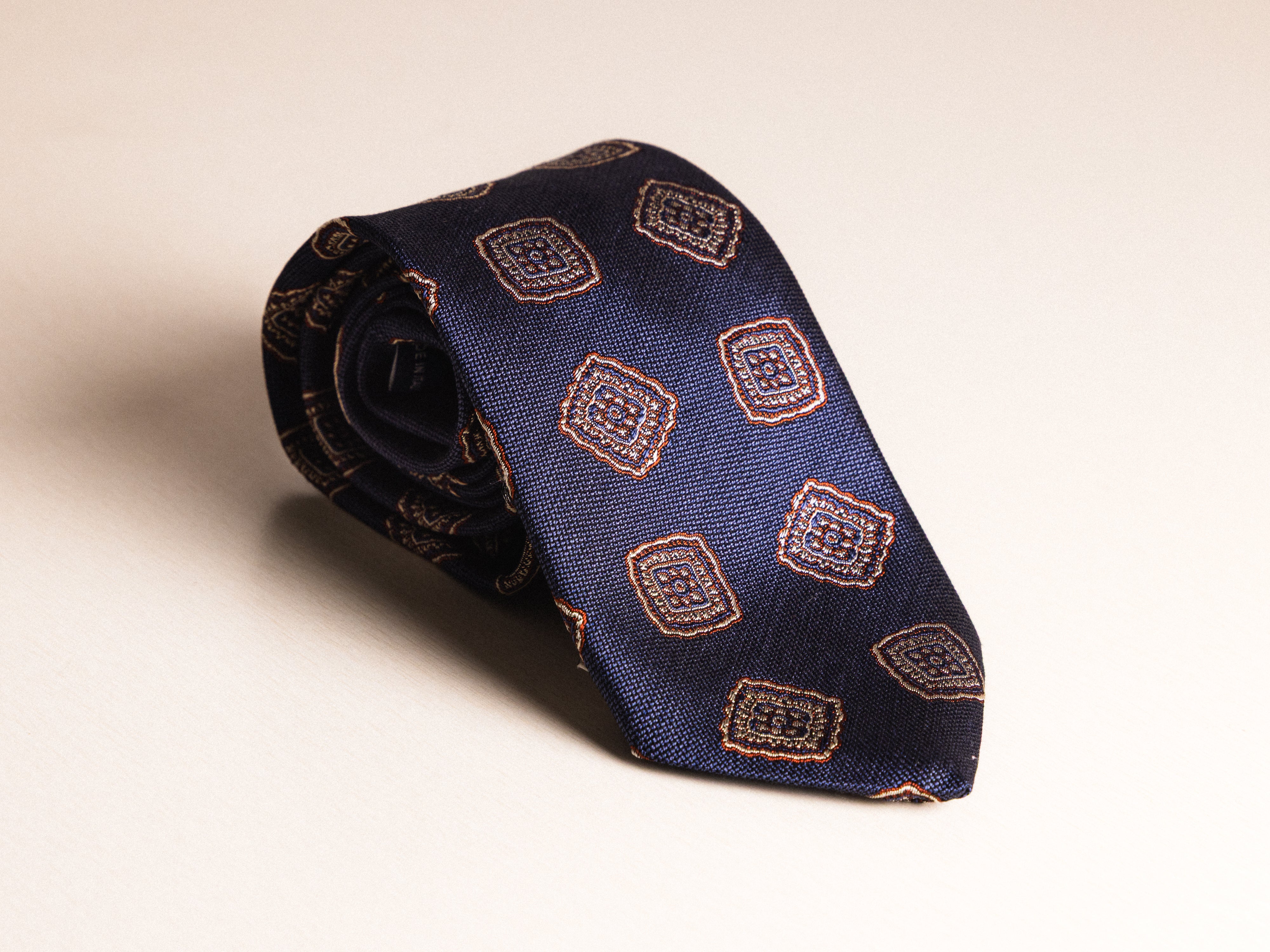 Navy Brown Medallion Silk Cotton Tie