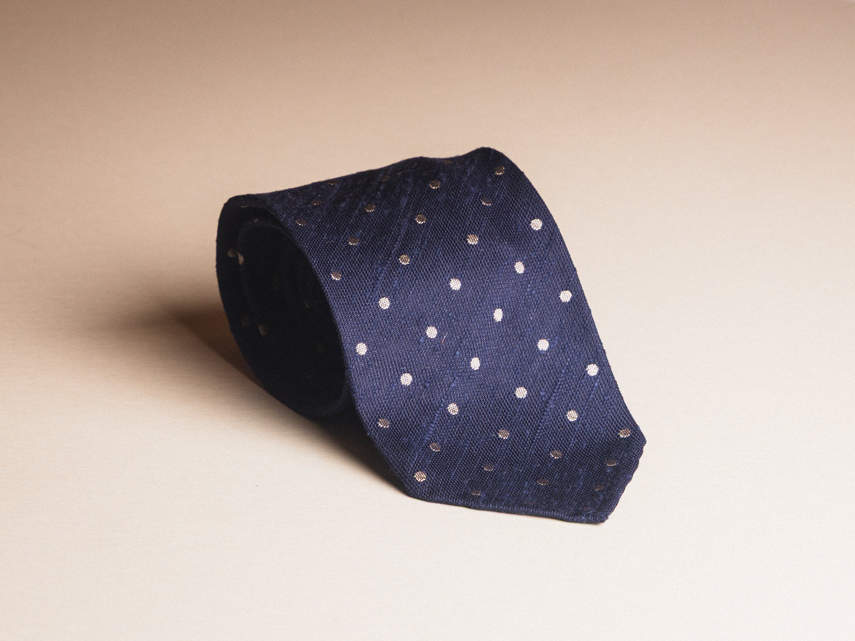 Navy White Dotted Shantung Silk Tie