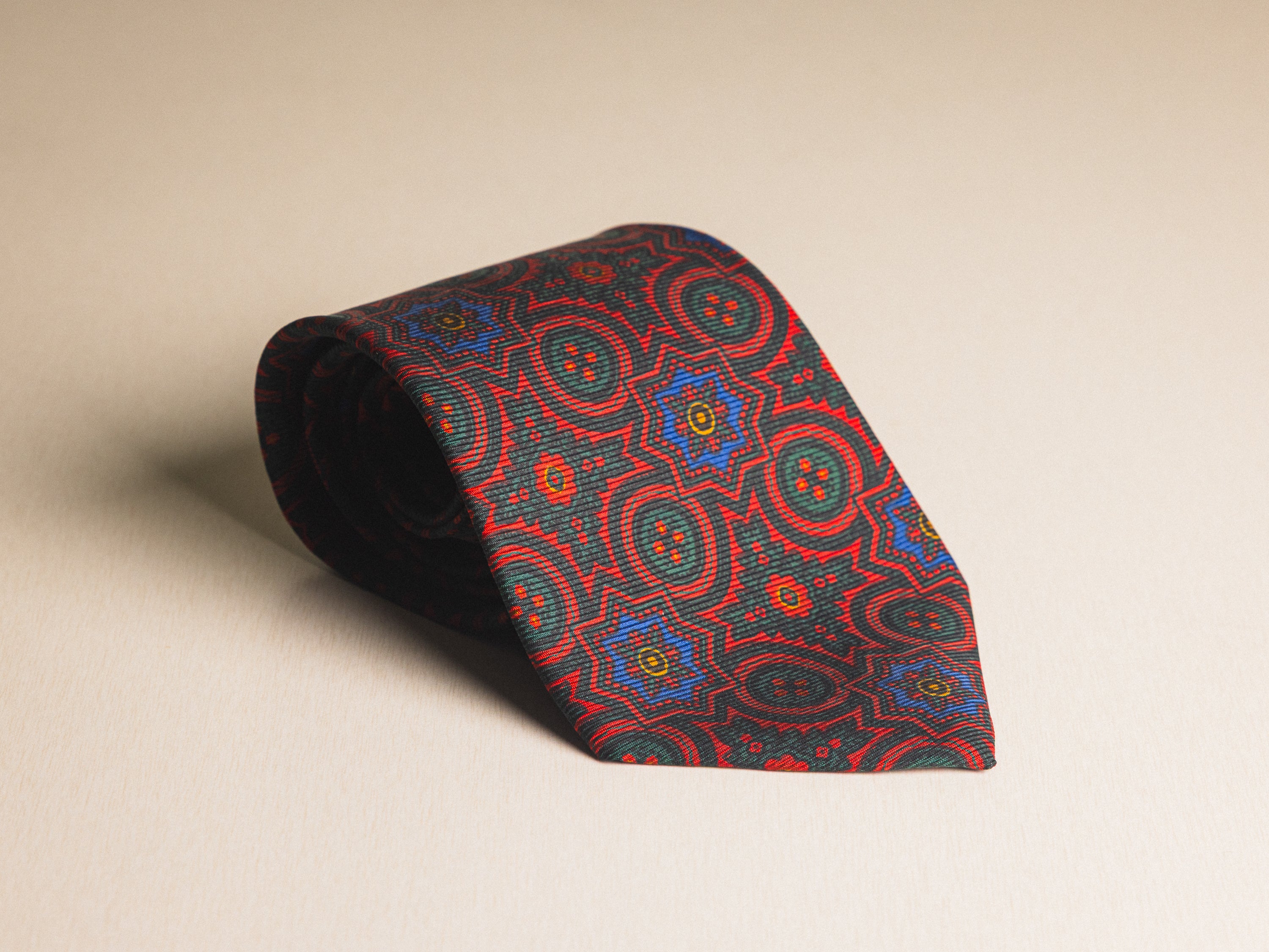 Ralph Lauren Red with Green and Blue Medallion Pattern Tie