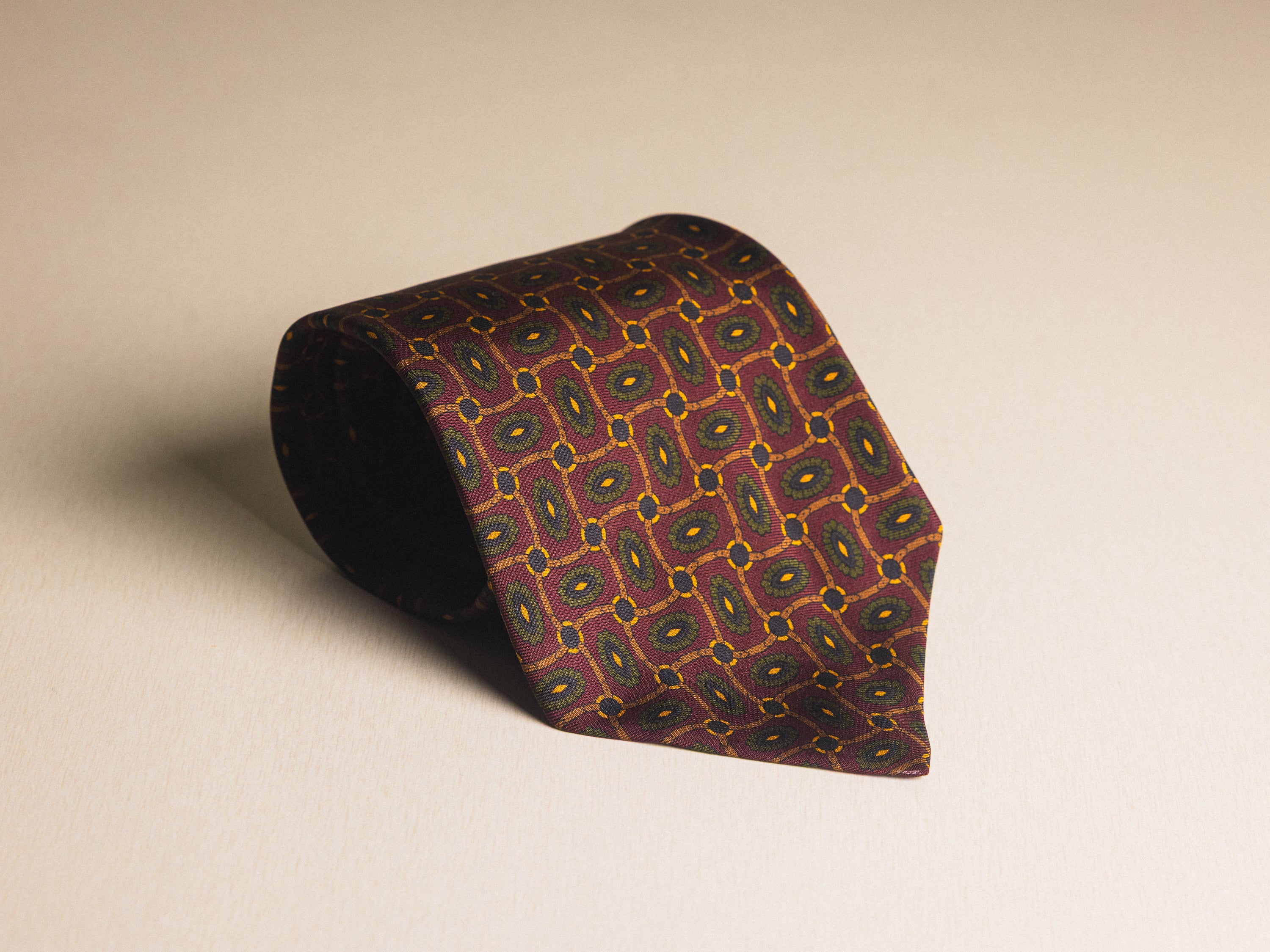 Ralph Lauren Burgundy with Green and Brown Medallion Link Pattern Tie