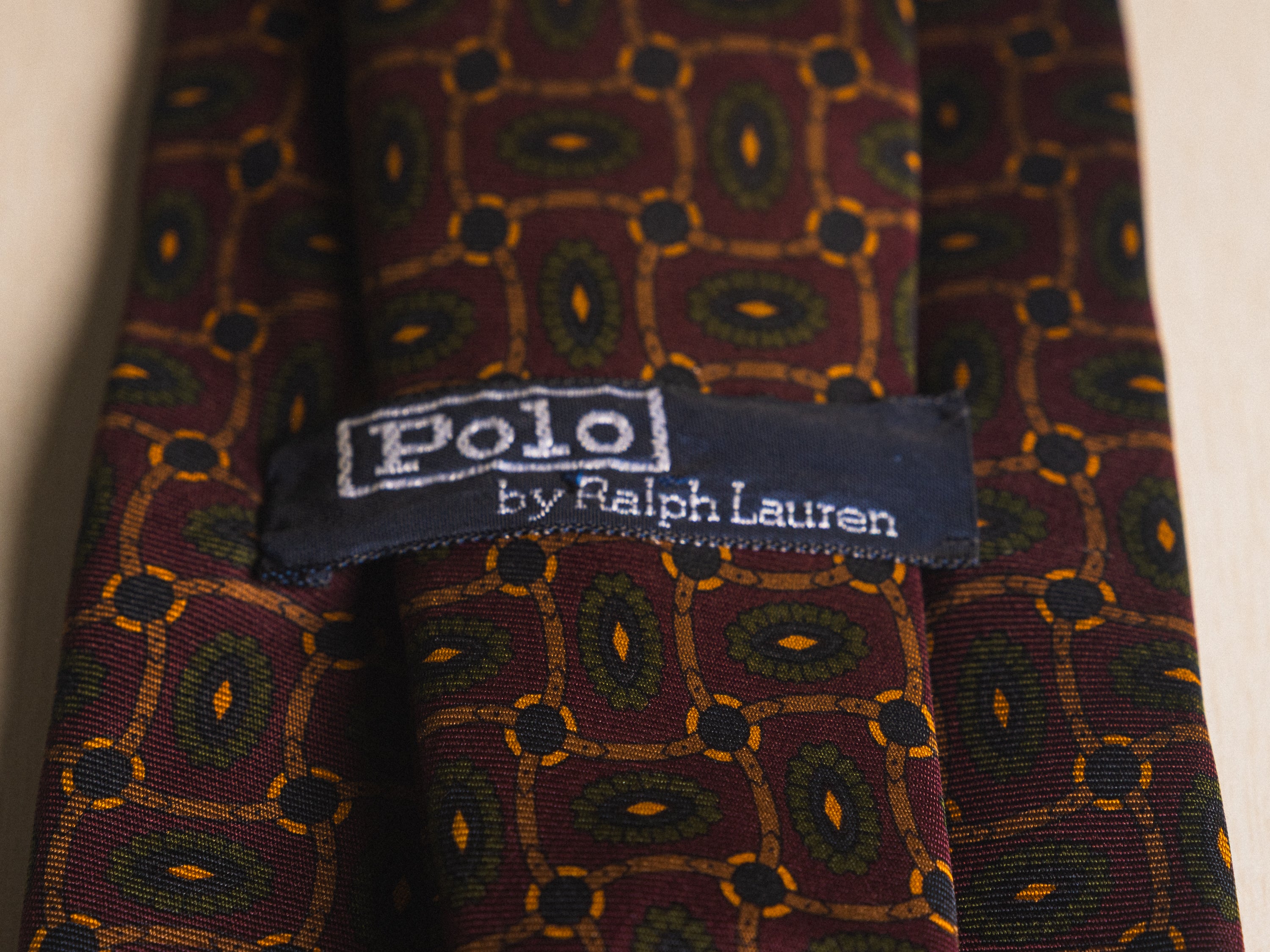Ralph Lauren Burgundy with Green and Brown Medallion Link Pattern Tie