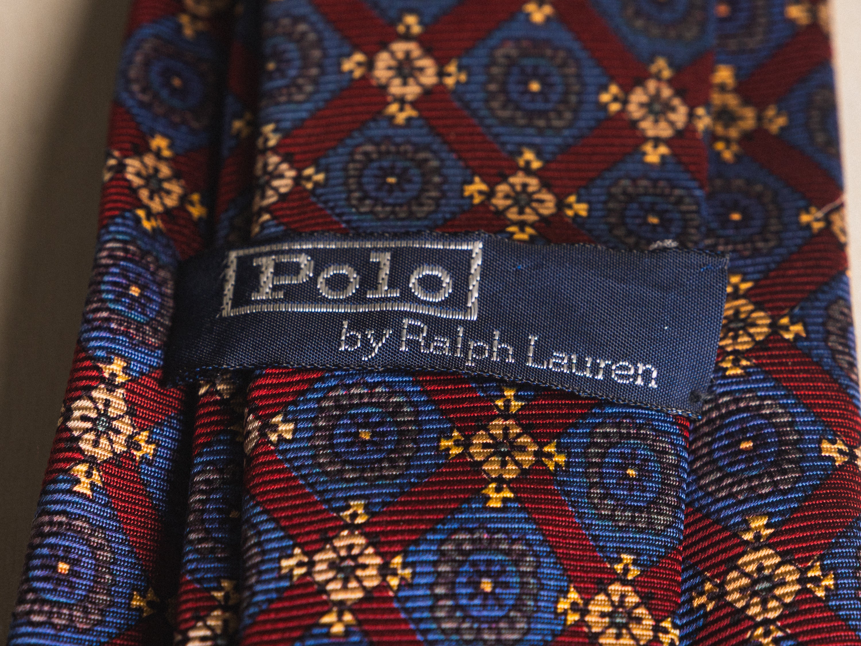 Ralph Lauren Red with Blue and White Diamond Pattern Tie