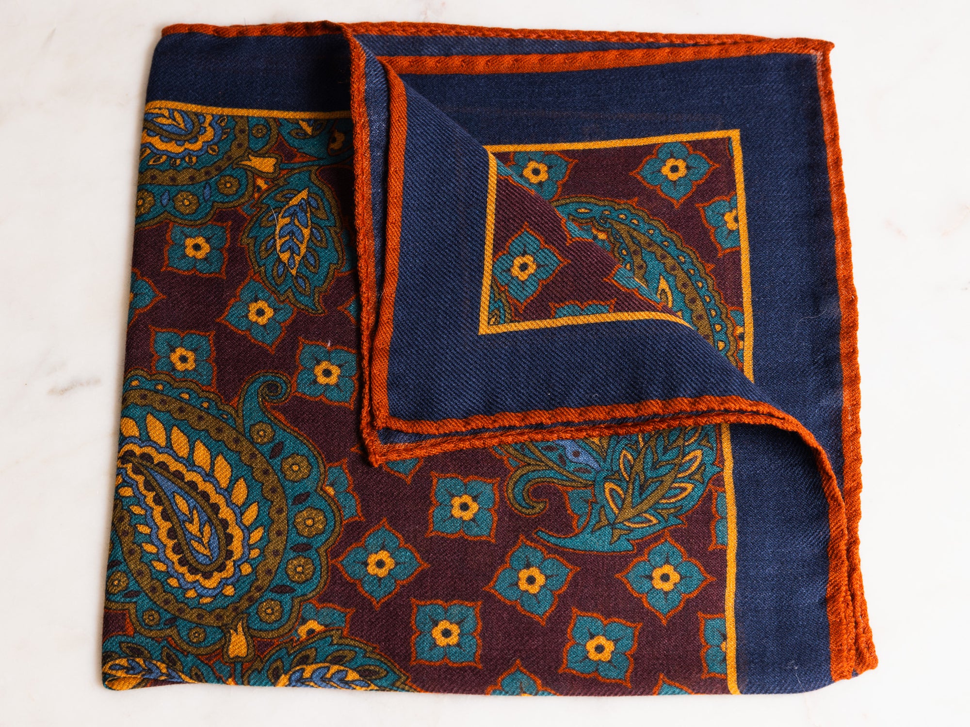 Orange/Burgundy/Gold Paisley Pocket Square