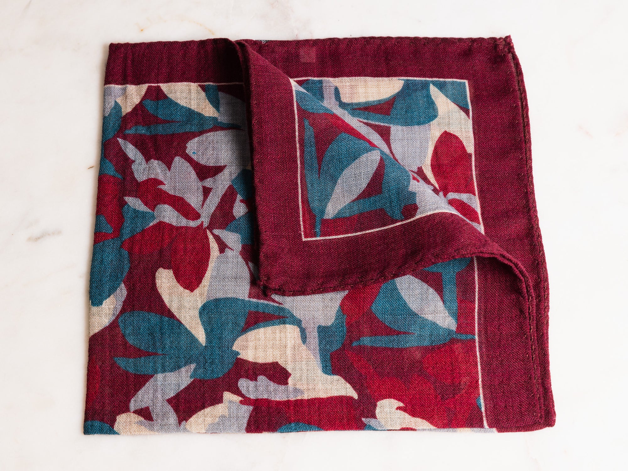 Teal/Burgundy Abstract Leaf Print Pocket Square