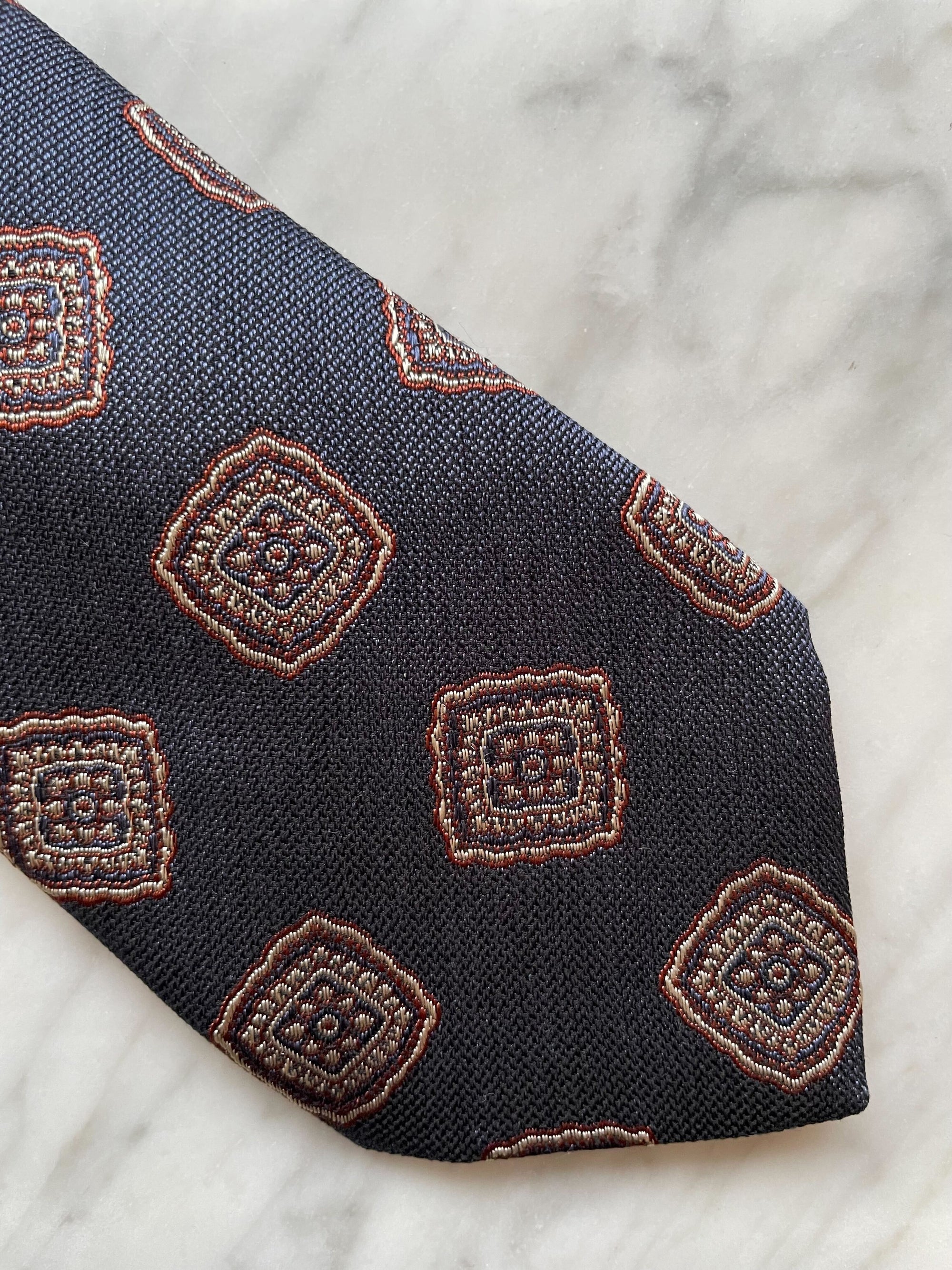 Navy Brown Medallion Silk Cotton Tie