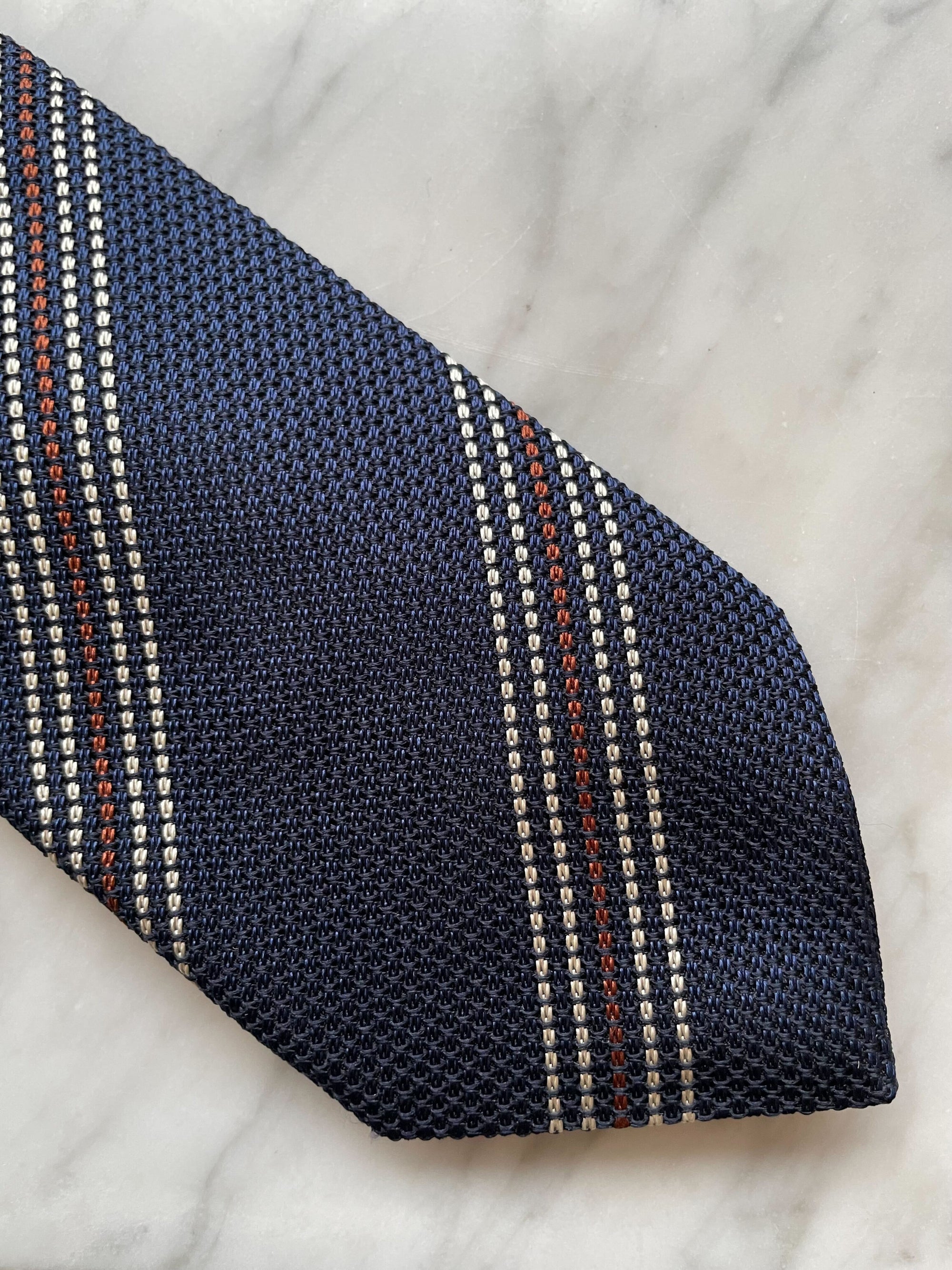 Navy White Brown Multi Stripe Silk Tie