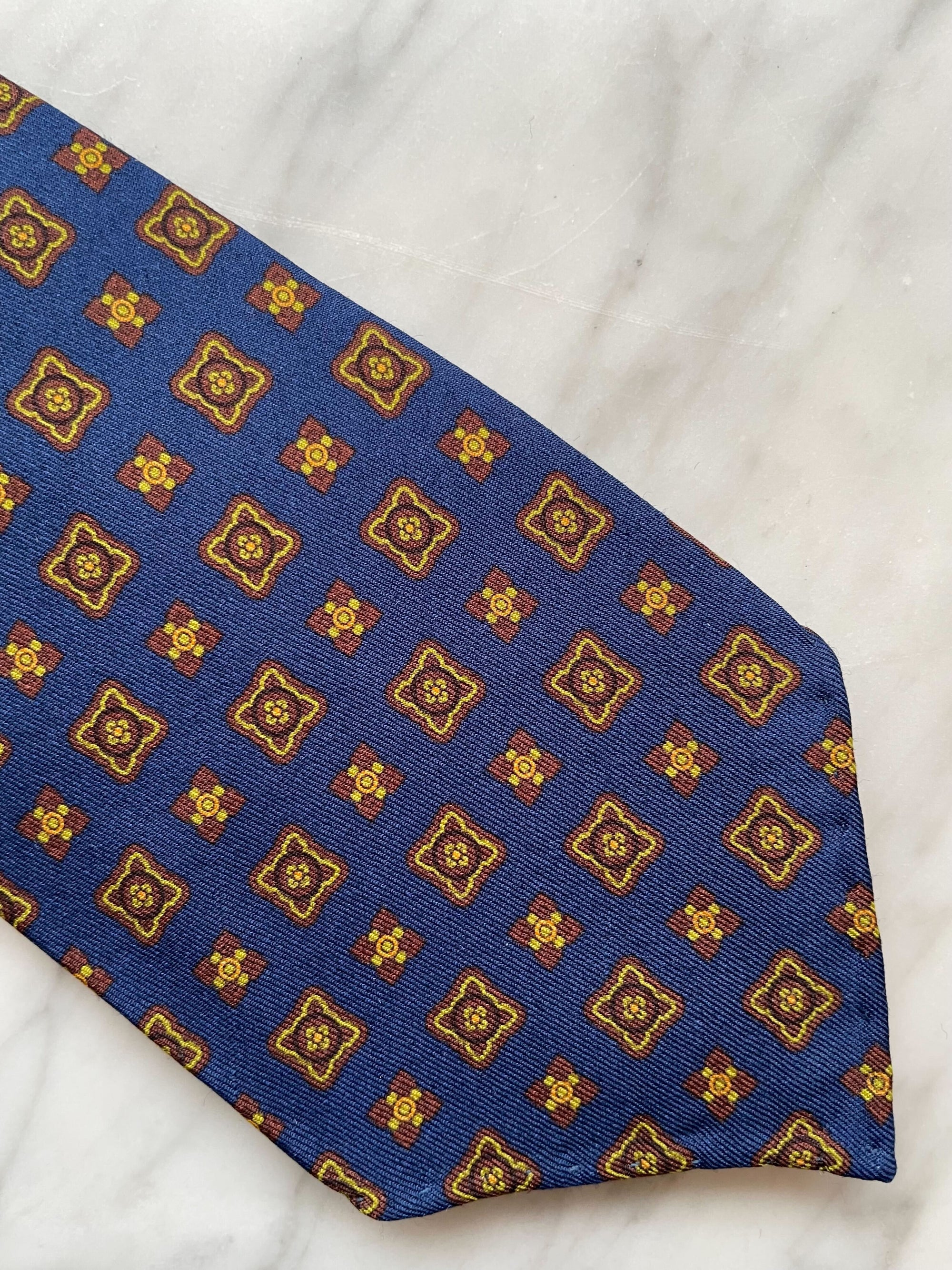 Navy Brown Mini Geo Wool Silk Tie
