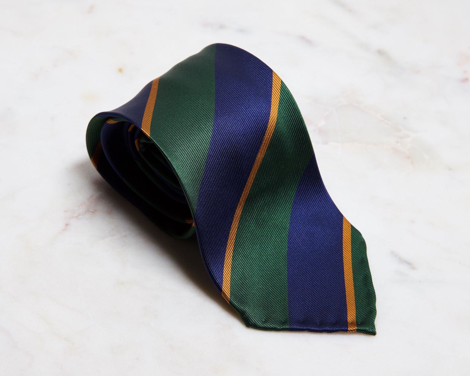 Navy Green Gold Stripe Silk Tie