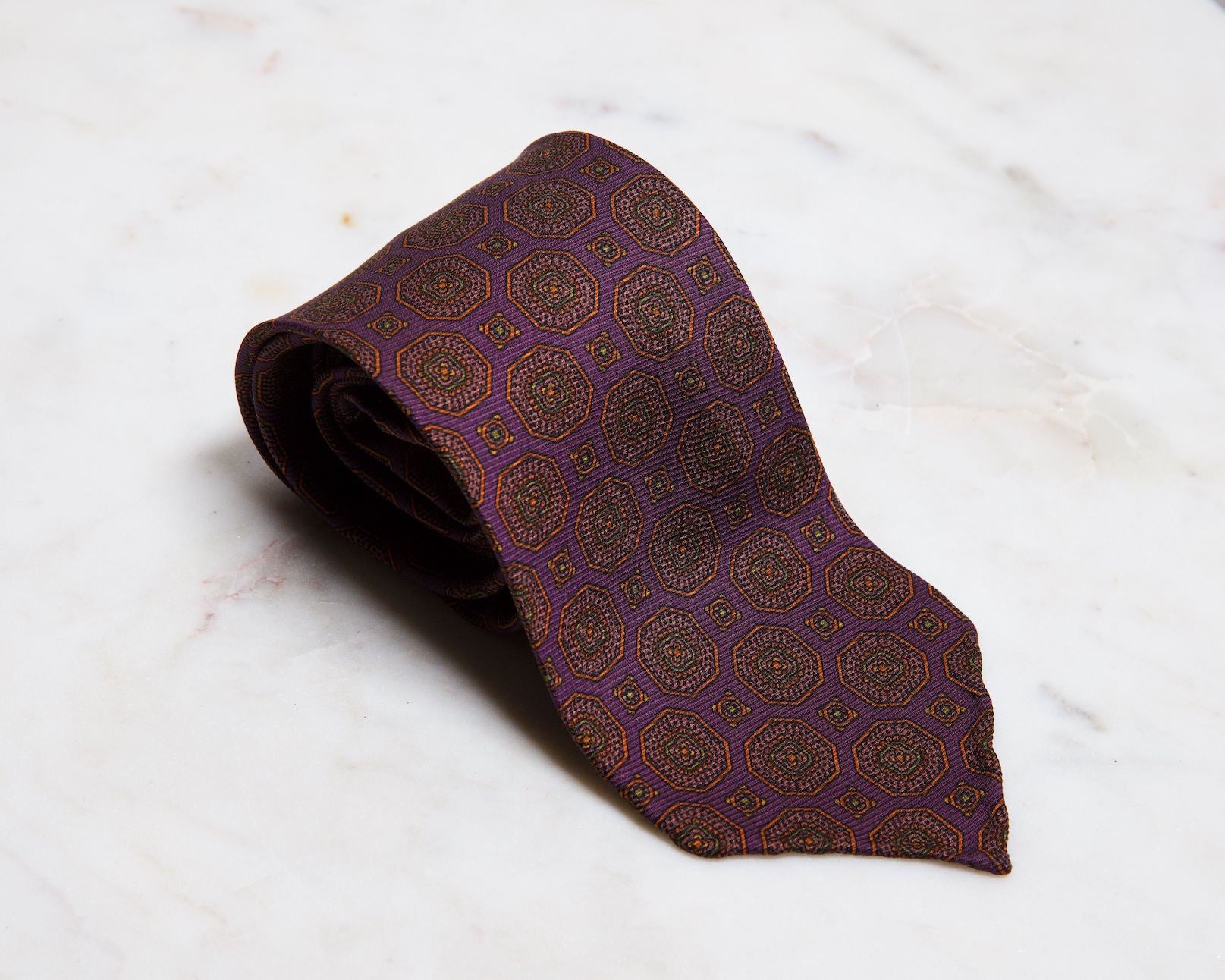 Plum Green Gold Medallion Silk Tie